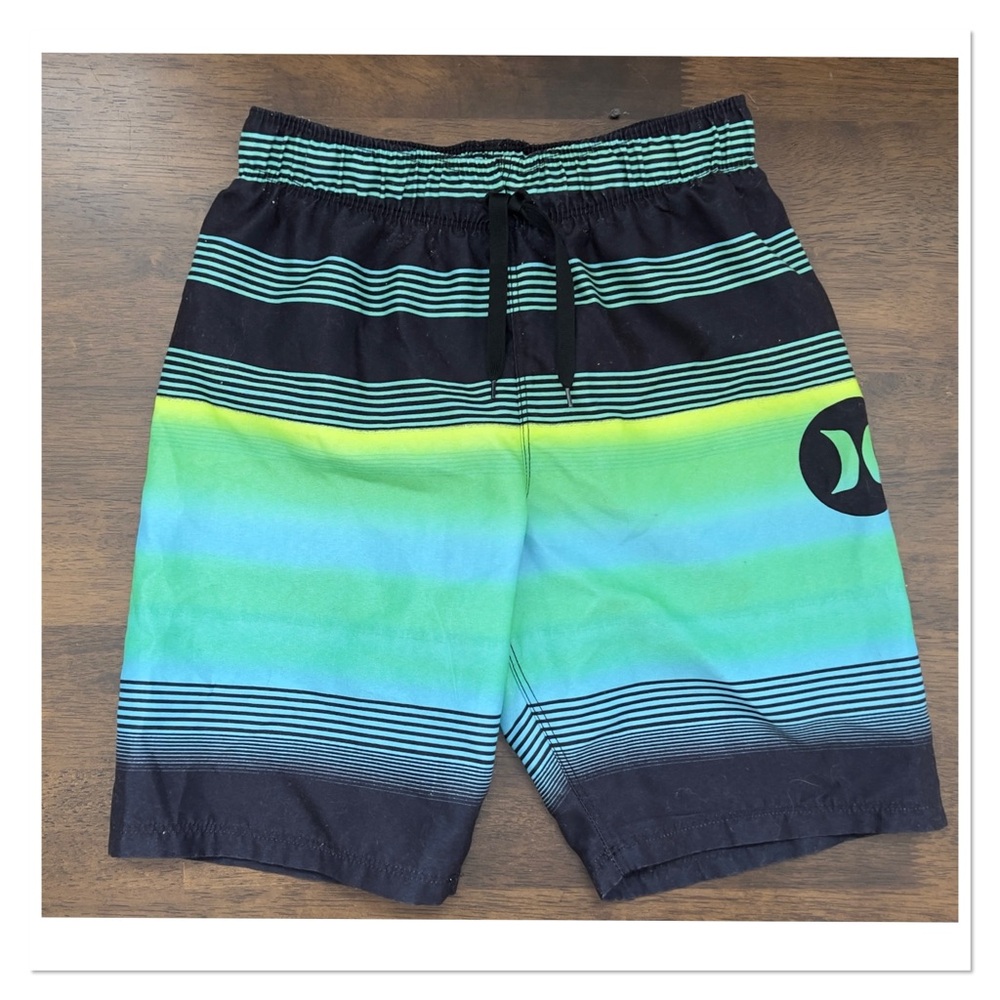 HURLEY Black & Mint Striped Swim Shorts
